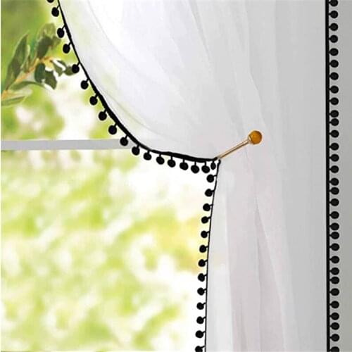 Simple White Tulle Pom Curtains For Kids Bedroom Living Room Tasseled Linen Window Curtains Voile Panels
