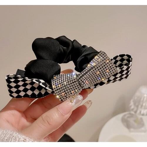 Korea Dongdaemun diamond-studded bow tie check hair ring flashing diamond temperament hair rope ball head set hair rope female