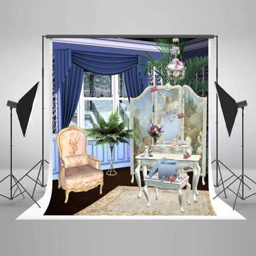 VinylBDS 2X3M Luxurious Indoor Photograph Backgrounds dressing table chair Photo Backdrops Blue Curtain camera fotografica