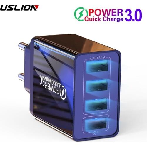USLION 48W 4 Ports Quick Charger 3.0 USB Charger EU US Plug For Xiaomi Samsung S10 Portable Wall Mobile Charger Fast Charger