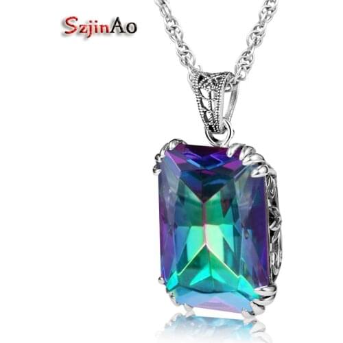 Szjinao Womens Pendant Sterling Silver Jewelry Handmade Mystic Rainbow Topaz 925 Vintage Colares Wholesale Joyas De Plata