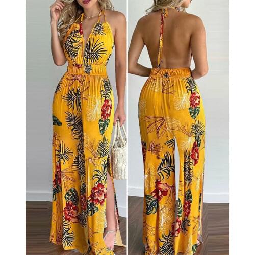 2021 New Style Women Floral Print Long Jumpsuits Summer Sleeveless Deep V-neck Backless Halter Loose Jumpsuit For Holiday Wear