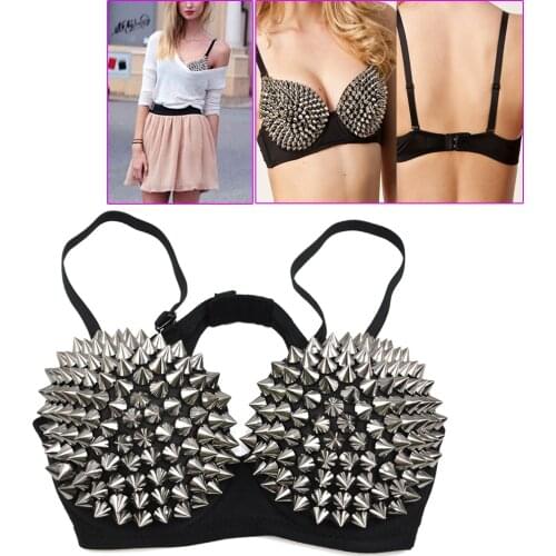 Women Sexy Silver Tone Metallic Punk Spike Studs Gather Rivet Bra Bralet - 38(silver)