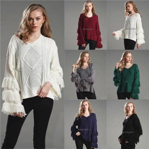 Womens sweater 2021 new autumn solid color tassel decoration long-sleeved loose sweater casual high-quality sweater