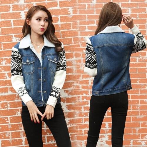 Women Denim Coat 2018 Winter Fashion Thicken Fleece Lamb Wool Aztec Pattern Patchwork Jeans Jackets Women Casacos Femininos