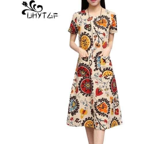 UHYTGF 4XL plus size dress woman ethnic style cotton and linen printed vintage dress short sleeve comfortable elegant dress 1646