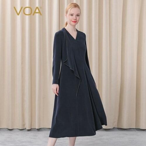 VOA Silk Navy Blue V-neck Dresses for Women AE361 Large Lotus Leaf Stereo Decoration Asymmetric Big Swing Long Sleeve Dress