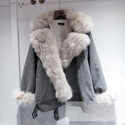 2021 Winter Womens Warm Houndstooth Parkas Removable Fox Fur Collar Loose Casual Vintage Female Plaid Outwear Chaqueta Mujer