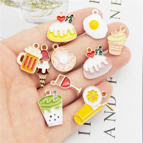 10PCS Alloy Enamel Foods Drink Charms Cake Beer Mixed Pendant For Women Earrings Bracelet Jewelry Craft DIY Accessory