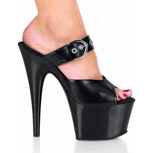 17cm Women Sexy High Heels Platform Super 7 Inches Black Open Toe Slippers Buckle Strap Rivet Stage Show Party Pole Dance Shoes