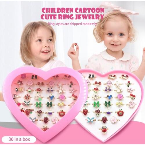 36pcs Cute Adjustable Rings Children Girls Pretend Play Makeup Toys Cartoon Jewelry Alloy Rings Random Style Color
