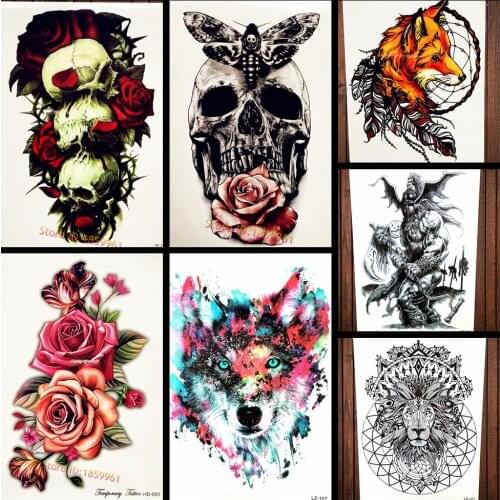 Large Black Skull Waterproof Temporary Tattoo Men Body Art Arm Legs Tattoo Sticker 21x15CM Rose Henna Water Transfer Tatoo Women