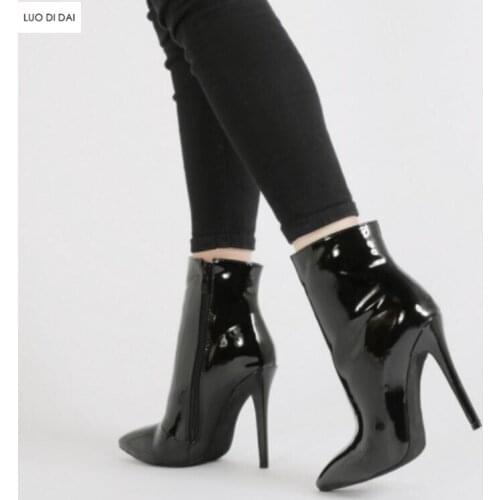 2019 New sexy ladies ankle boots fashion gladiator boots black patent leather booties point toe thin heel party boots women