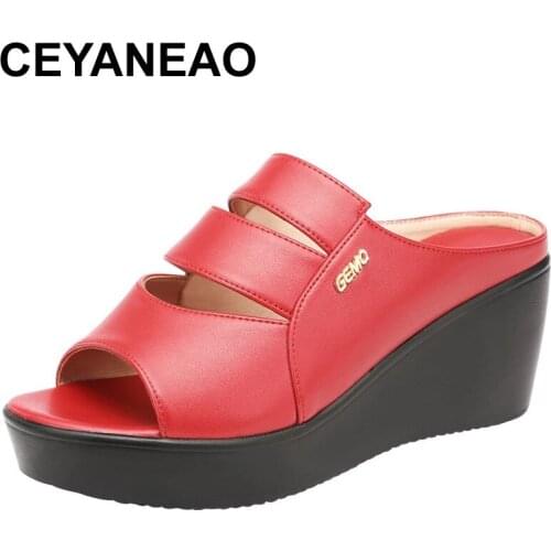 CEYANEAOSoft Split Leather Shoes 2021 Fashion Womens Slippers Wedge Platform Shoes Cutout Female Summer Shoes Red Slippers Big