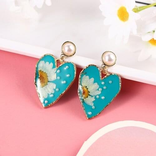Elegant Flower Heart Drop Earrings for Women Korean Style Pearl Enamel Statement Earring Girl pendientes Jewelry Birthday Gift