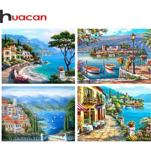 Huacan 5D Diamond Painting Full Drill Square City Diamond Embroidery Seaside Handicraft Decor For Home