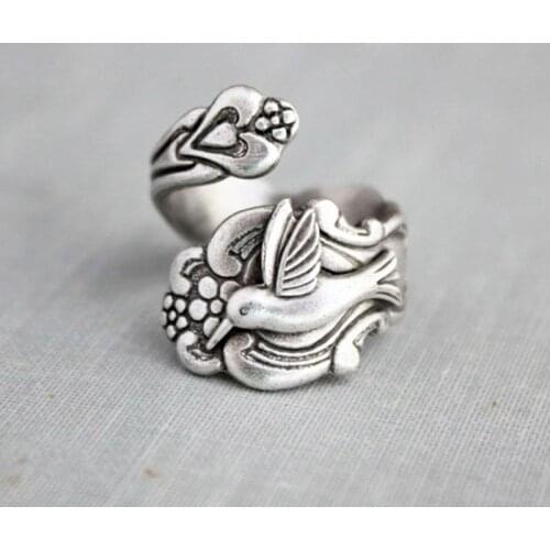 New Fashion Women Open Adjustable Ring Silver Plated Hummingbird Spoon Bird Rings for Girl Party Dance Jewelry