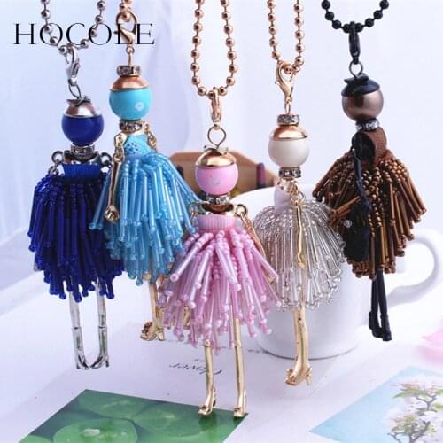 HOCOLE French Paris Girl Doll Necklace Dress Handmade Doll Pendant Crystal Bead Choker Necklace Women Fashion Maxi Jewelry