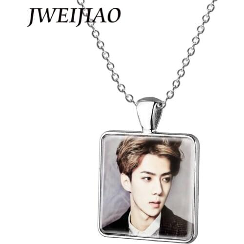 JWEIJIAO Trendy K-pop Singer EXO Necklace SE HUN Art Photo Square Glass Cabochon Pendant Necklace For SEHUN Fans Gift SE08