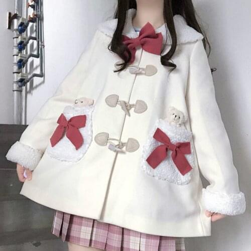 Sweet Girl Japanese Cute Kawaii Lolita Girl Woolen Coat Bowknot Doll Collar Horn Button Preppy Style Cute Loli Woman Woolen Coat