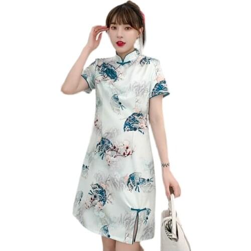 Plus Size M-4XL 3XL Summer Fashion Casual Party Modern Cheongsam Dress for Women Short Sleeve Qipao Traditional Chinese Clothes