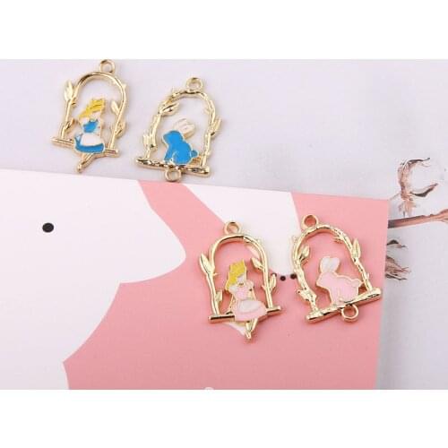10pcs Enamel Alice Rabbit Swinging Charms Pendants Girls Metal Charms Fit DIY Jewelry Accessories Earring Bracelet Finding Decor