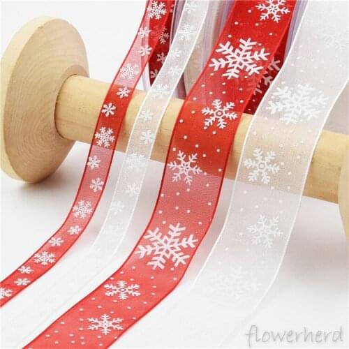 Christmas Red Snowflake Organza Ribbon DIY Bownot Gift Wrapping Party Transparent Hair Lace Material Decoration Supplies