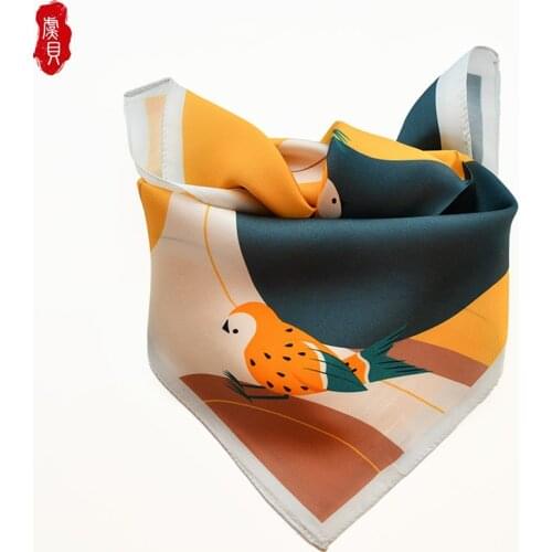 Yellow pure silk scarf headscarf children printed bird handkerchief lady scarves foulard small bandana wrap neck scarf for girls