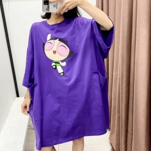 Oversized Loose Dress Women Harajuku Dress Cartoon Print O-neck Short Sleeve Long Dress 2021summer Streetwear New Fashion Dress