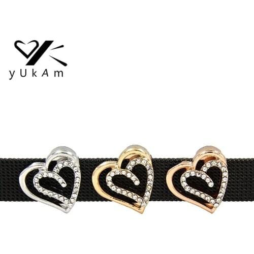 YUKAM Jewelry Pave Keys Crystal Small Interlocking Double Hearts Slide Charms Keeper for Mesh Keeper Bracelet Accessories Making