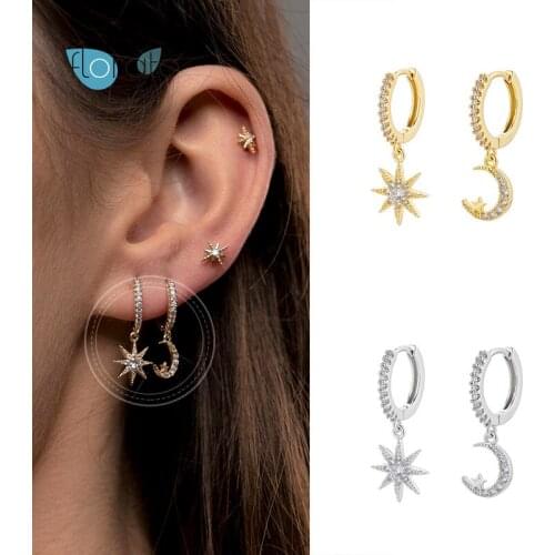 YUXINTOME 925 Sterling Silver Moon Snow Flower Drop Earring Ohrringe Piercing Pendiente Crystal Women Luxury Jewelry For Party