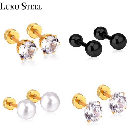LUXUSTEEL Earrings Stainless Steel Round Imitation Pearl Size 4mm-7mm Screw Stud Earring Fashion Collier Earrings For Women 2021
