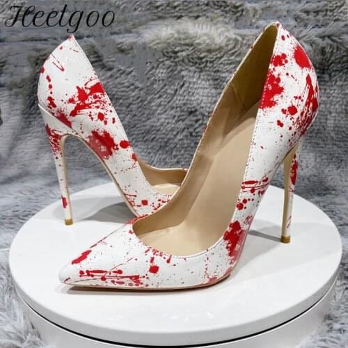 Heelgoo White Graphic Print Women Patent Pointed Toe High Heel Shoes Chic Ladies Designer Slip On Stiletto Pumps Plus Size 33-45