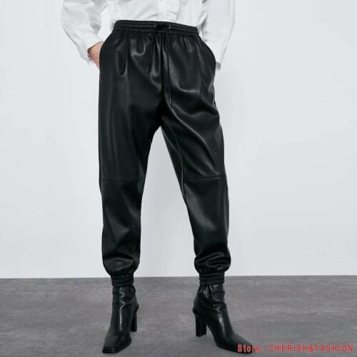2021 Faux Leather Pants Women Fashion PU Leather Loose Trousers Women Elegant Pockets Elastic Pant Female Ladies with drawstring