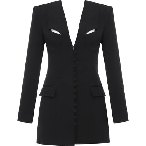 New New Women Dress Long Sleeve Blazer Dress Sexy Deep V Neck Button Casual Mini Dress Ladies Clothing