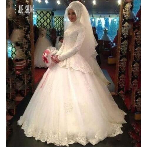 E JUE SHUNG Vintage Long Sleeve Lace Muslim Wedding Dresses High Neck Arabic Ball Gown Bridal Gowns Appliques Vestido De Noiva