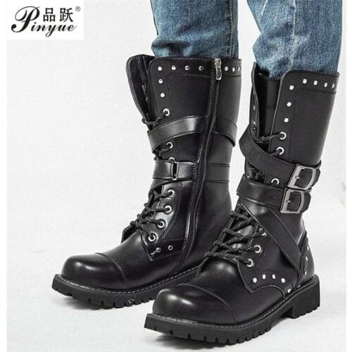 Fashion Man Boots Rivet Combat Boots Male Punk Style Goth Biker Shoes Casual Luxury Leather Motorcycle Boots Men Army Boots