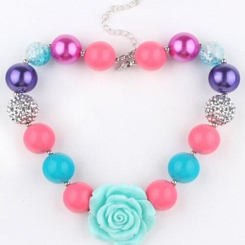Baby Daughter Birthday Gift Girls Blue Resin Flower Necklace Kids Girl 20mm Beads Strand Chunky Bubblegum Necklace Drop Shipping