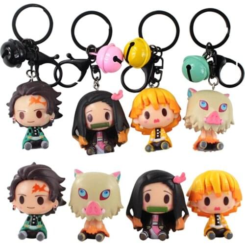 4pcs/Set 4-5cm Demon Slayer Anime Kamado Tanjirou Nezuko Zenitsu Inosuke Kawaii Action Figure Mini Model Toys Keychain Bell