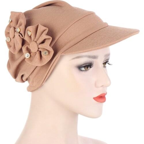 HanXi Fashion Soft Hat Visor Women Flower Rhinestone Beanie Winter Warm Headwear Lady Beret