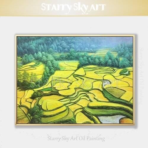 Unframed Hand-painted High Quality Terraced field Oil Painting on Canvas Special Landscape Green Terraced field Oil Painting