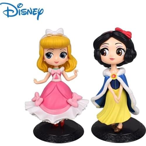 Disney Q Posket Princess Dolls Snow White Aurora Action Figure Toys Dolls Cake Topper Cake Decor Kawaii Figures Model Kids Gifts