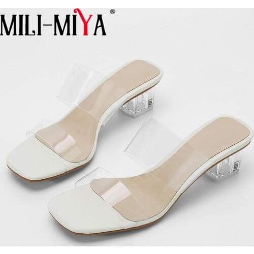 MILI-MIYA Chic Clear Crystal Square High Heels Slippers Women Sandals Summer Transparent PVC Fashion Square Toe Party Wild Shoes
