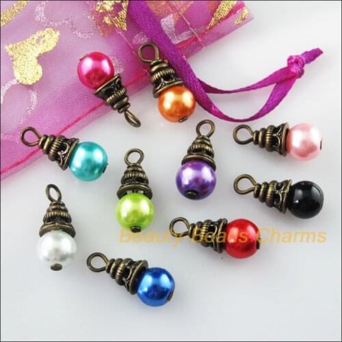 Fashion 20 New Charms Mixed Round Glass Beads Pendants Antiqued Bronze Color Ends 8x19mm
