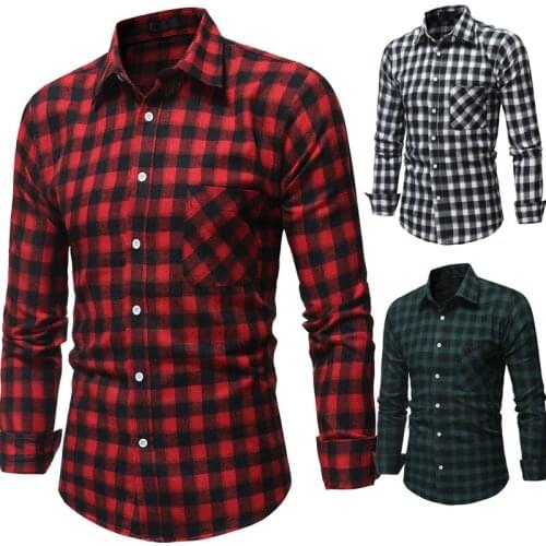 Mens Plaid Shirt Long Sleeve Turn Down Collar Single-Breasted Cardigan Shirt with 1 Pocket Casual Slim Type Tops