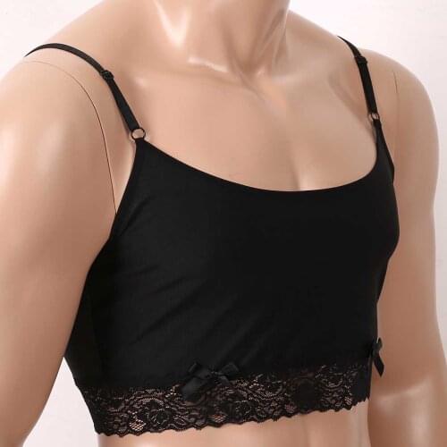 Gay Mens Adults Sissy Silky Lingerie Adjustable Spaghetti Straps Floral Lace Hemline Camisole Vest Crop Tops Nightwear Sleepwear