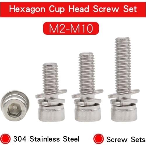 Hexagon Hex Socket Cup Head Screw Set M2 M2.5 M3 M4 M5 M6 M8 M10 304 Stainless Steel screws With Spring Washer And Plain Washer
