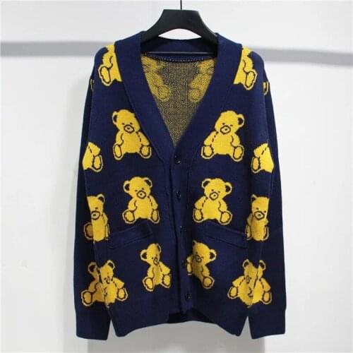2020 Autumn New Knit Female Cardigan Loose Streetwear Knit Sweater Coat Cute Cartoon Bear Print knitted cardigan Women Men Jacke