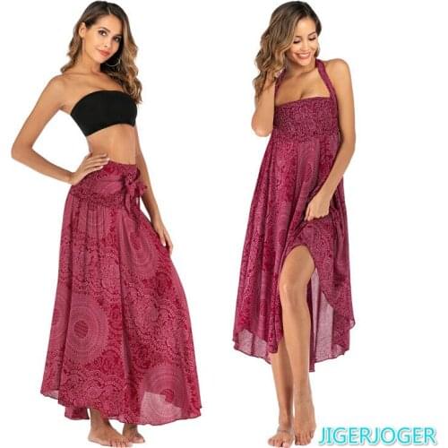 New Fall Red mandala floral flower printed Thai skirt plus size women halter neck strapy jumpsuit Beach Skirts womens midi skirt