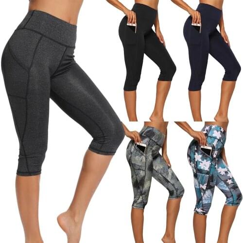 New Casual Womens 3/4 Yoga Pants Gym Fitness Sports Cropped Leggings Pocket Slim Pants Female Solid Color Casual Yoga Pants